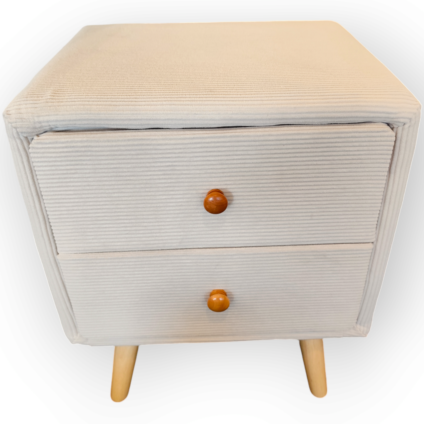 Modern Corduroy Bedside Table with Solid Wood Legs--Cream