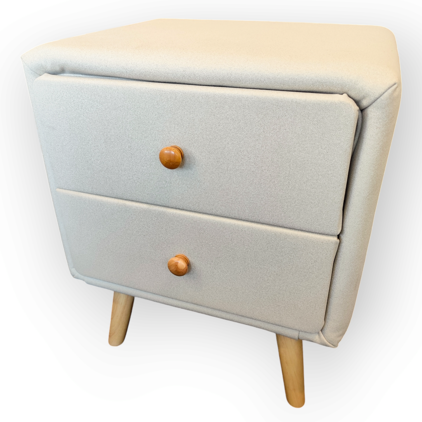 Modern leathaire Bedside Table with Solid Wood Legs-Cream