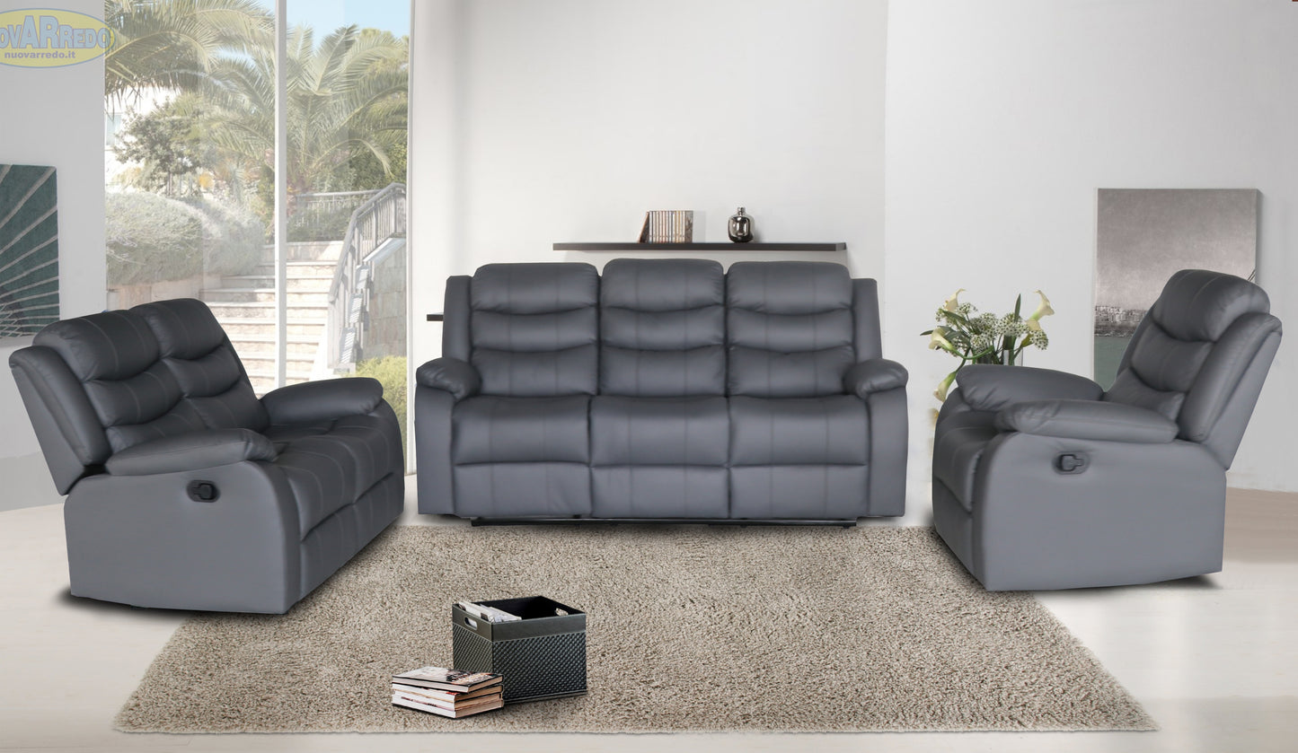 Full Air Leather Manual Recliner Sofa Set – 3-Piece Living Room Set with Drop-Down Table & 5 Recliners
