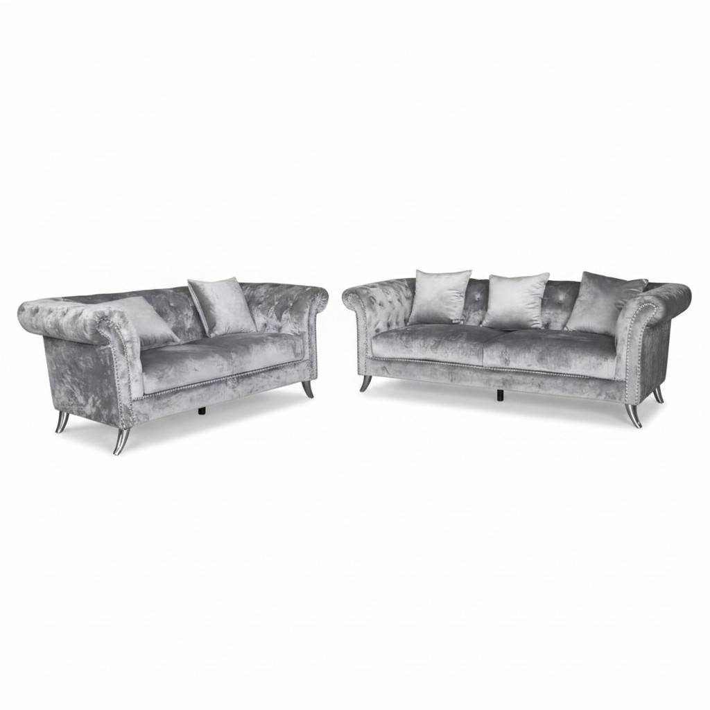Regal Velvet Chesterfield Sofa--Grey