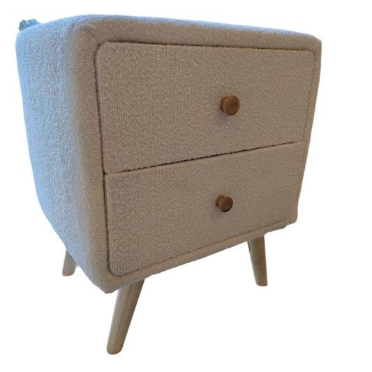 Modern Boucle Bedside Table with Solid Wood Legs--Cream