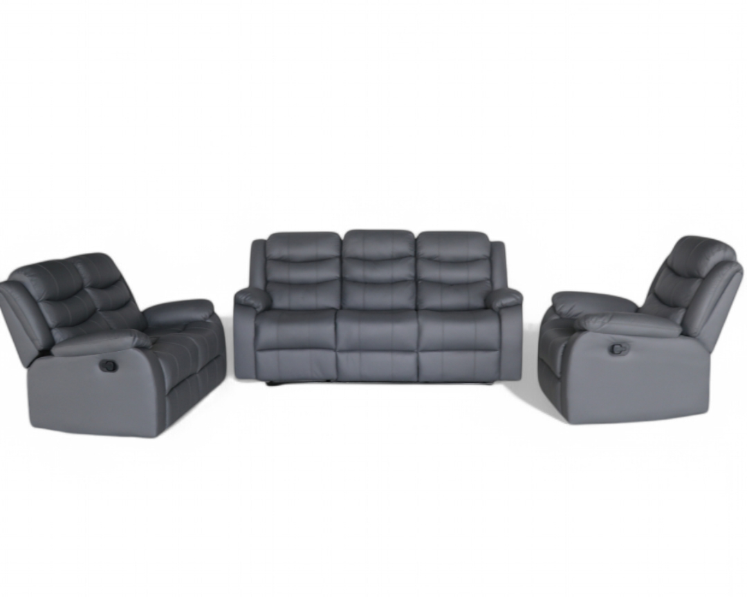 Full Air Leather Manual Recliner Sofa Set – 3-Piece Living Room Set with Drop-Down Table & 5 Recliners