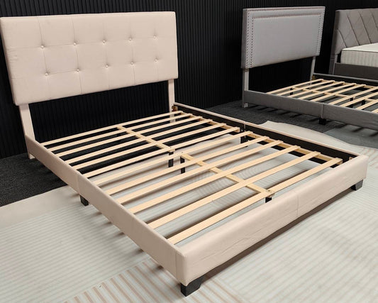 Queen size Mid-Century button Linen beige Bedframe