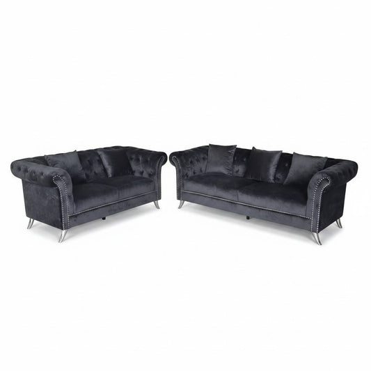 Regal Velvet Chesterfield Sofa--BLACK